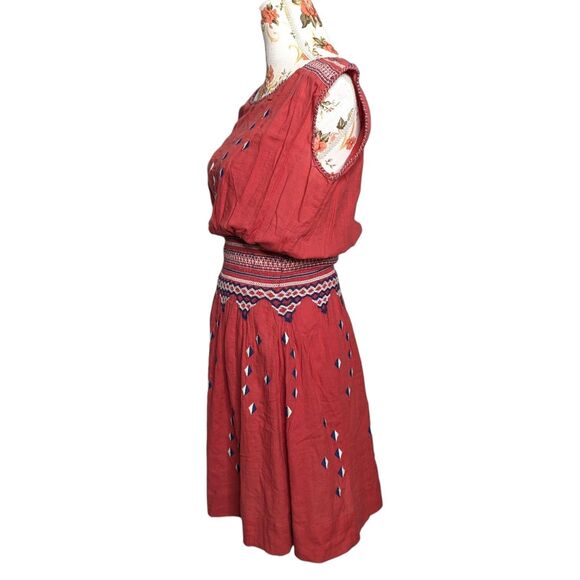 The Great Size Small Red Embroidered Smocked Waist Dress Sleeveless Geometric - Picture 6 of 8